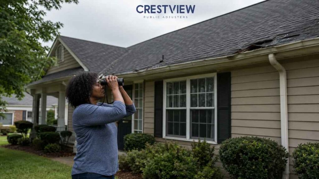 The Storm Preparation Checklist Every Property Owner Needs Before Heavy Rain Becomes A Storm Damage Claim 3 Woman using binoculars to inspect a damaged roof from the ground