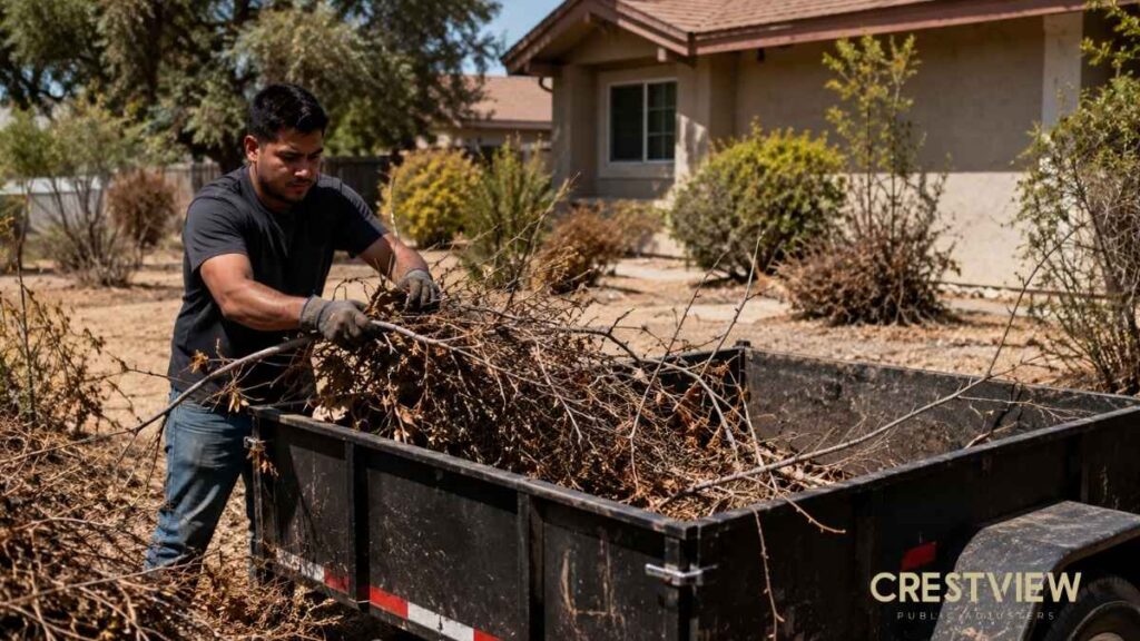 Worker clears dry brush into trailer near home to reduce wildfire risk