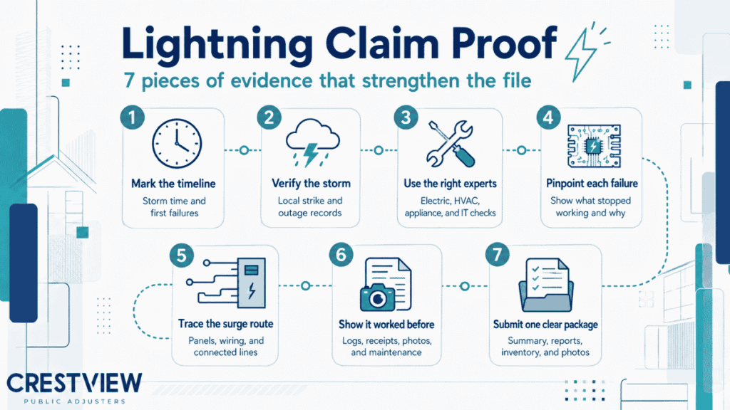 No Burn Marks? Proving A New York Lightning Strike Insurance Claim 1 infographic-7-steps-to-prove-a-lightning-damage-claim