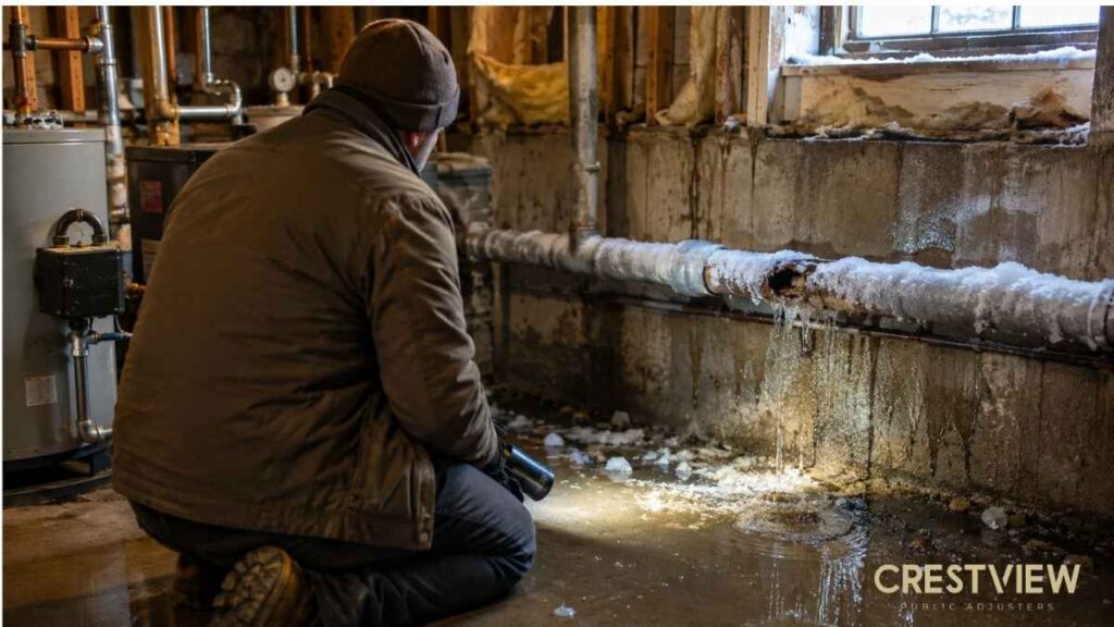 inspector-examining-burst-frozen-pipe-in-flooded-basement
