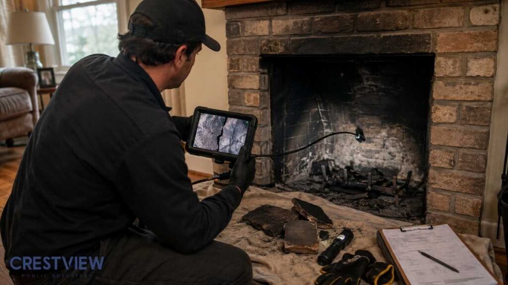 technician-using-camera-to-inspect-fireplace-damage